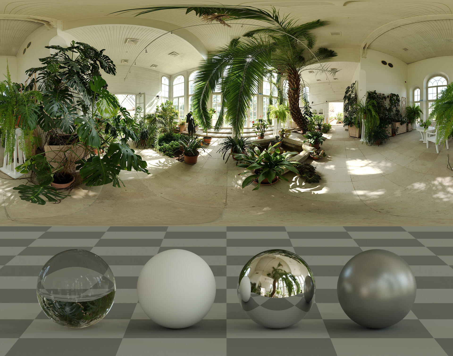 HDRI panorama of an interior of a palm house with large windows