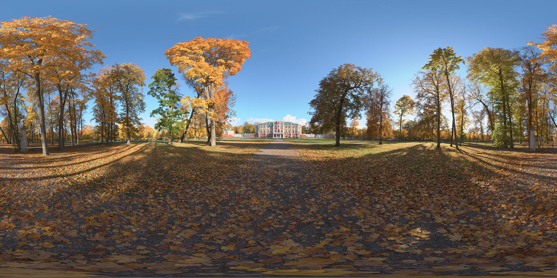 HDRI-panorama-of-a-park-in-autumn-with-golden-fallen-leaves