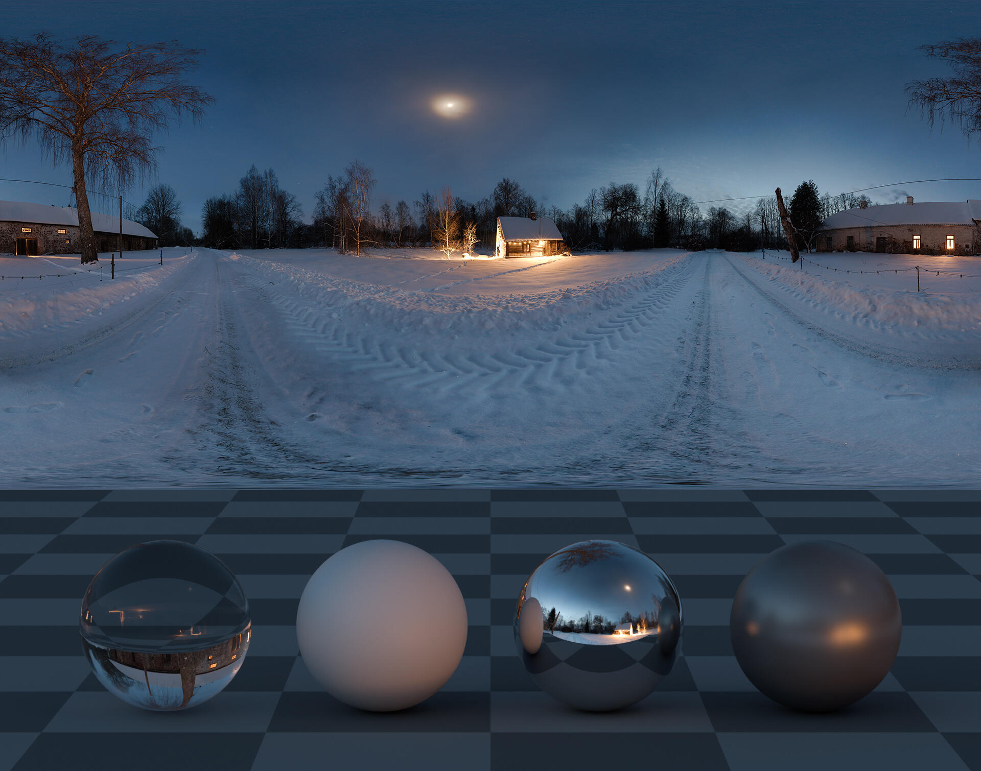HDRI panoarama of a night falling on a country house in winter with snow
