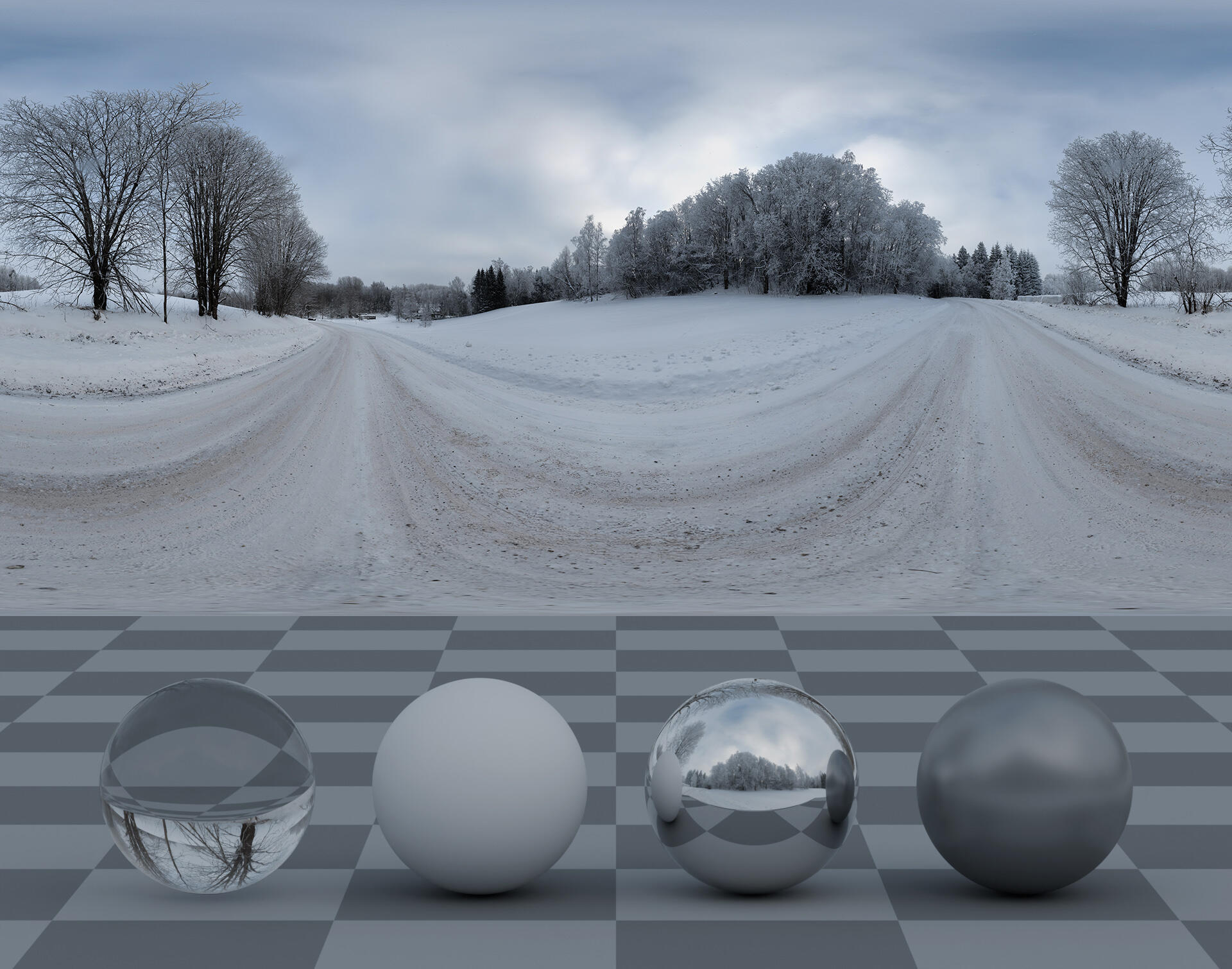 HDRI panorama of a snowy forest in winter