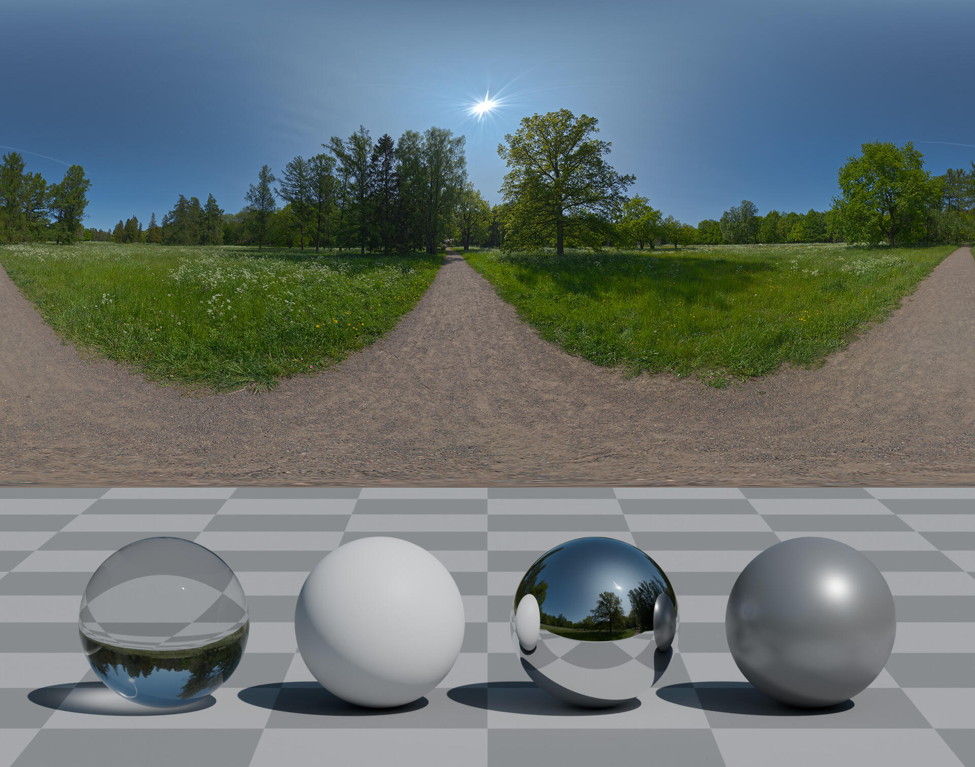 HDRI panorama at the gravel road in the meadow