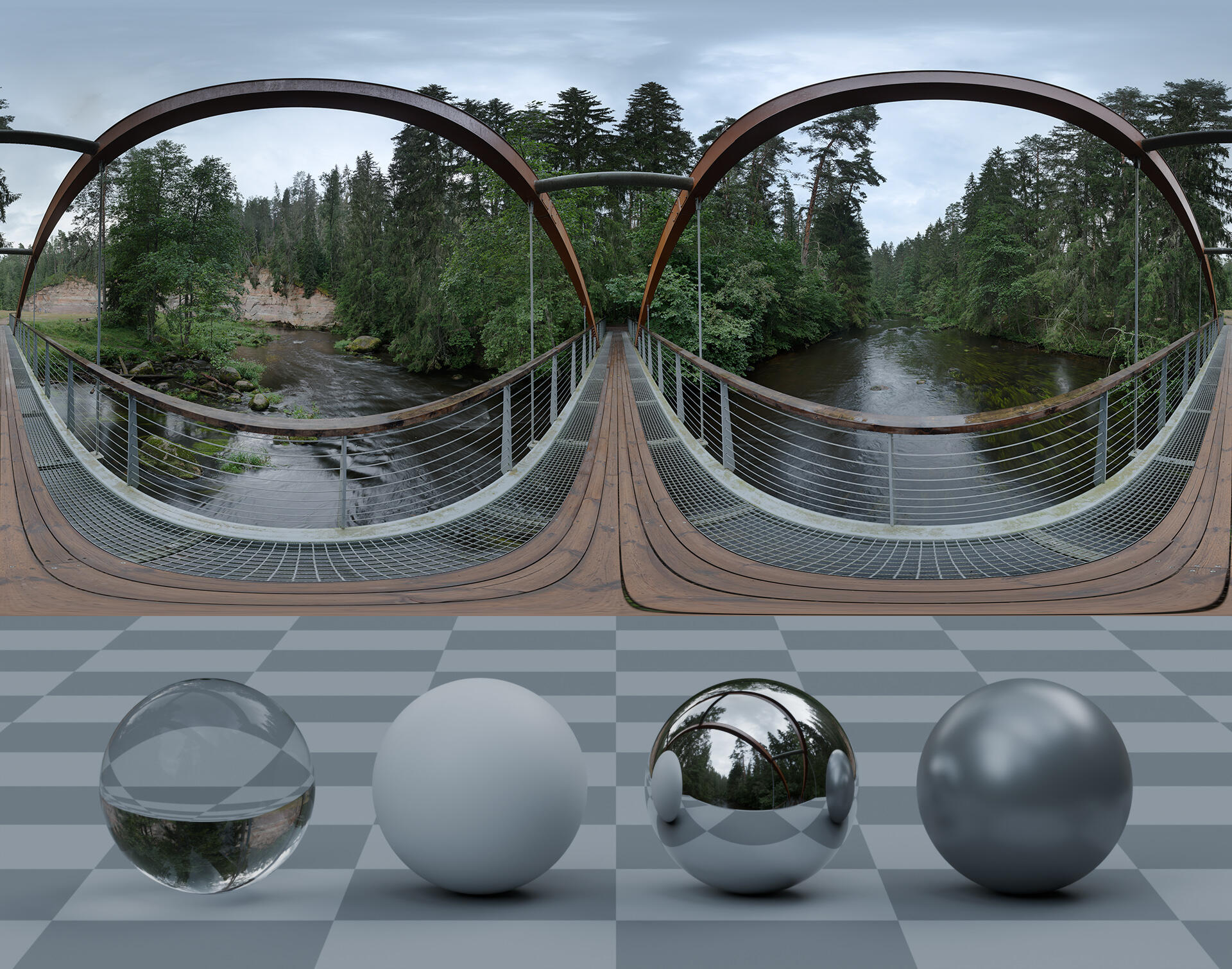 HDRI panorama on a bridge crossing a river in nature