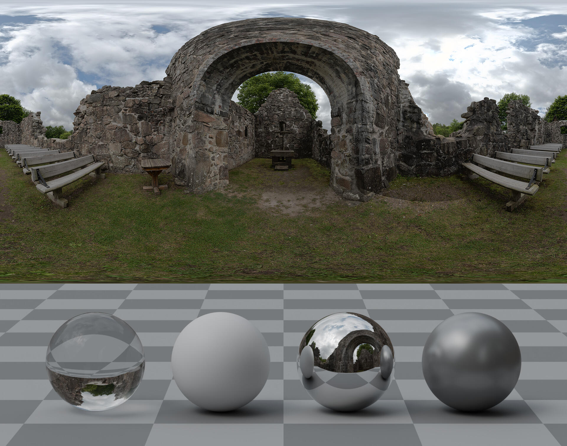 HDRI panorama of old church ruins