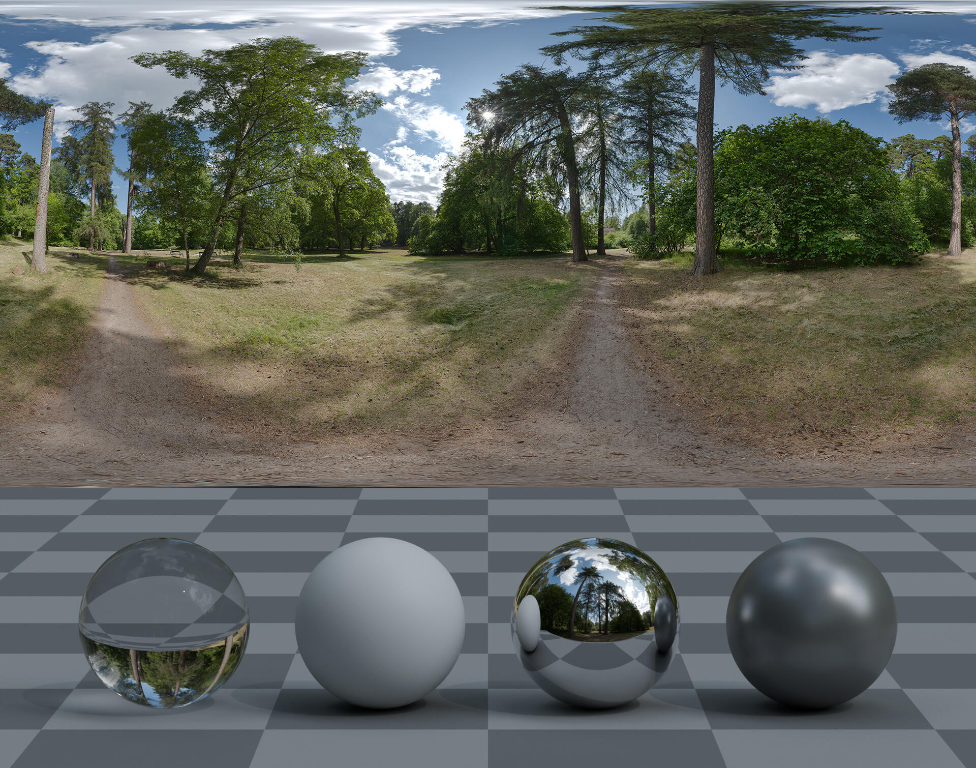 HDRI panorama of park with a walking path