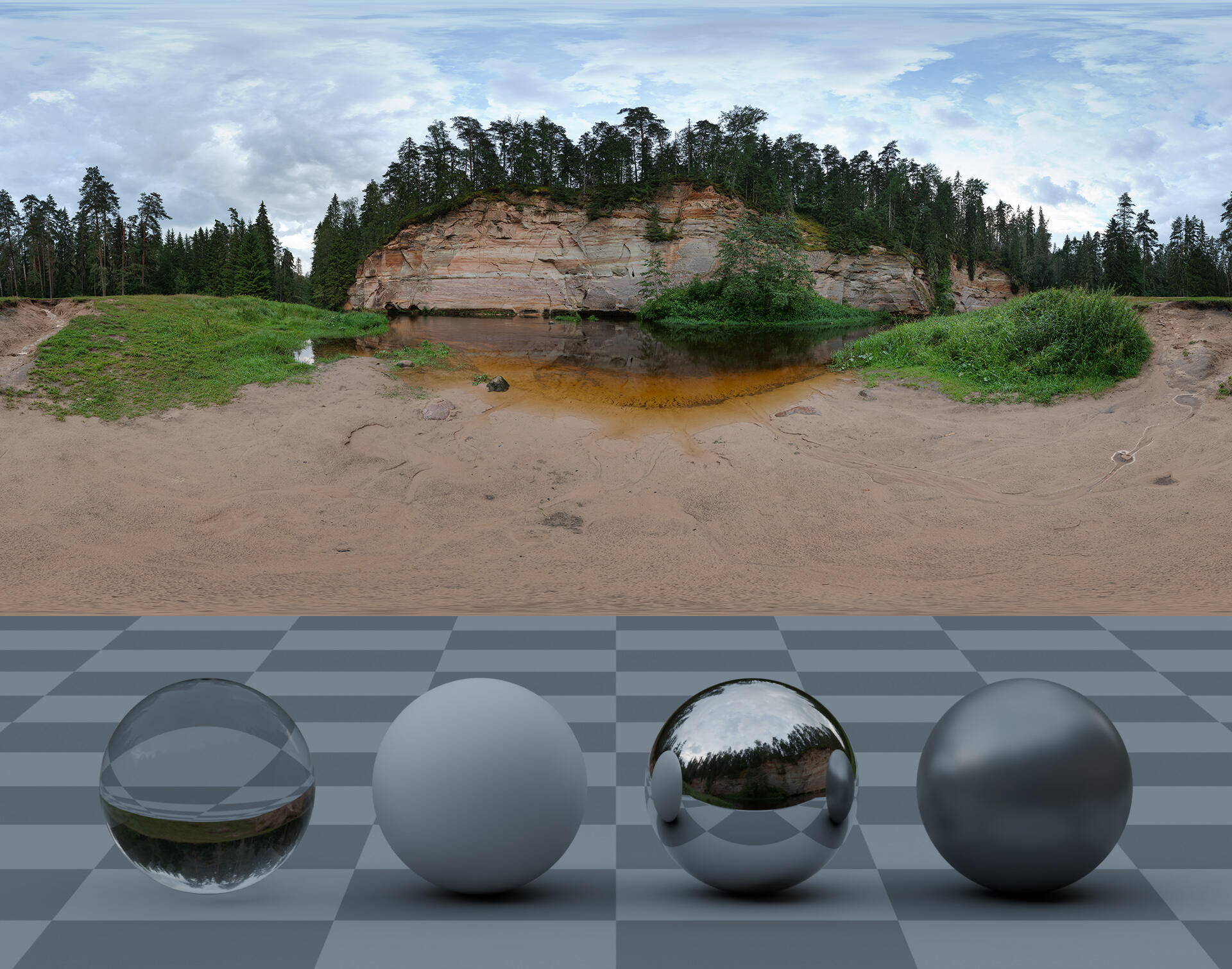 HDRI panorama of a sandy river bank