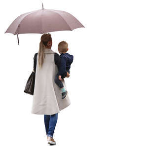woman with an umbrella holding her son
