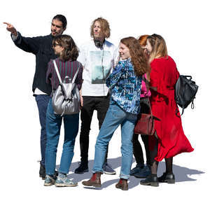 six people standing and looking at smth