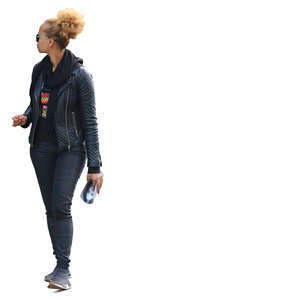black woman walking and looking at smth