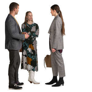 group of three people standing and talking