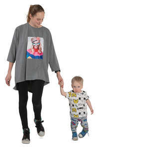 woman walking hand in hand with her baby boy