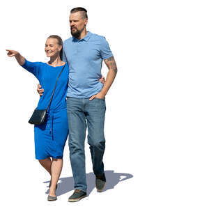 man and woman walking and pointing at smth