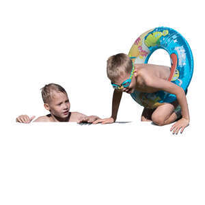 two cut out boys climbing out of the pool