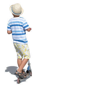 cut out little boy riding a scooter on a summer day