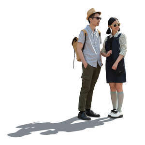 two cut out backlit young asian people standing