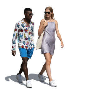 cut out man and woman walking and talking on a sunny summer day
