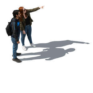 top view of two people standing and pointing at smth