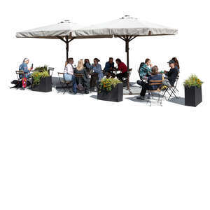 street cafe with parasols and people sitting and talking