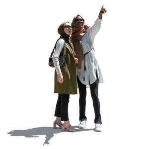 two cut out sidelit muslim women pointing at smth