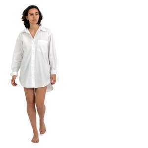 cut out woman wearing a white shirt walking barefoot