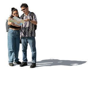 two people standing and looking at a map