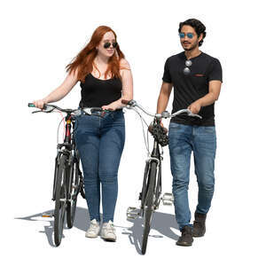 man and woman with bicycles walking