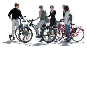 cut out backlit group of five people with bikes standing and talking
