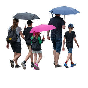 cut out group of family people with umbrellas walking in the summer rain