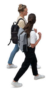 two girlfriends walking together seen from above