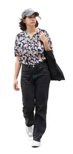 woman with a baseball cap walking