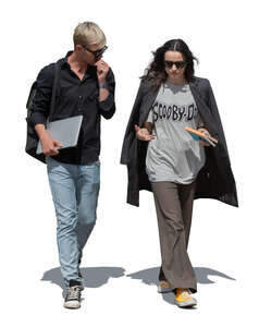 two cut out college students walking and talking