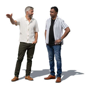 two men standing and talking and pointing at smth