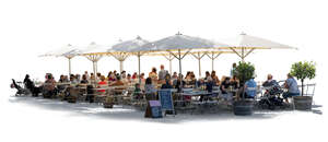 big outdoor cafe with parasols and people sitting