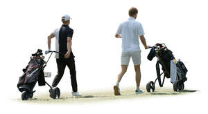 two men at a golf club walking with golf bags