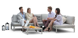 two cut out couples sitting on a sofa and talking