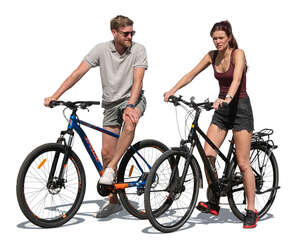 two cut out people on bikes stopping and talking