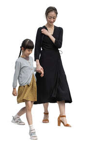 japanese woman and her daughter walking down the stairs