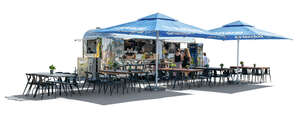 cut out food truck with tables and parasols and people