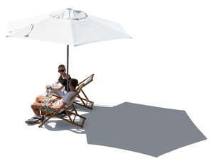 top view of a two people sitting under a parasol