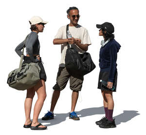cut out group of three people with sports bags standing and talking
