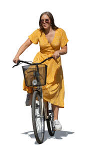 cut out woman in a yellow dress riding a bicycle