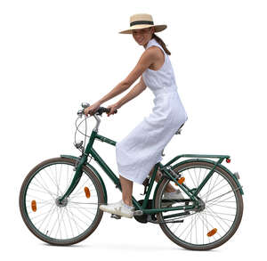 woman in a dress riding a bicycle seen from side view