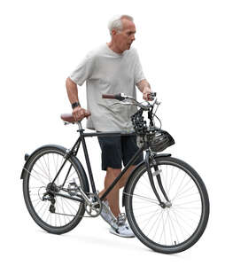 cut out sporty senior man with a bicycle walking