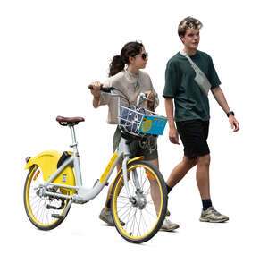 man and a woman with a bike walking together