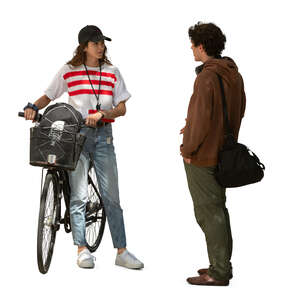 woman with a bicycle talking to a friend