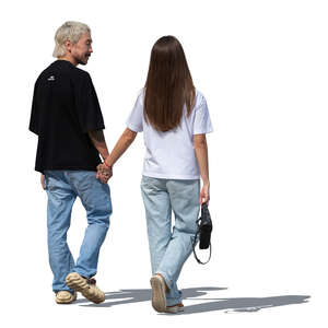 cut out asian couple walking hand in hand seen from back angle