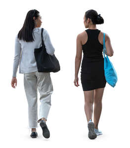 two young asian women walking seen from back angle