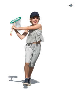 cut out girl with a butterfly net running happily