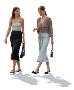 two elegant young women walking in backlight