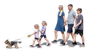 cut out family with little kids and a dog walking