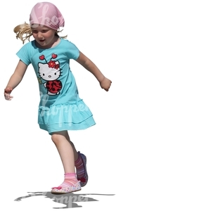 young girl in blue dress running
